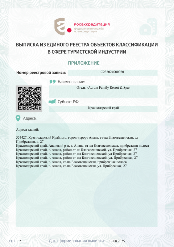Выписка из Единого Реестра объектов классификации в сфере туристической индустрии